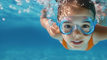 Fototapeta premium Happy Kid Swimming Underwater with Goggles - A young girl wearing goggles swims underwater in a pool, enjoying the water and summer fun. The image conveys a sense of joy, freedom, and the refreshing f