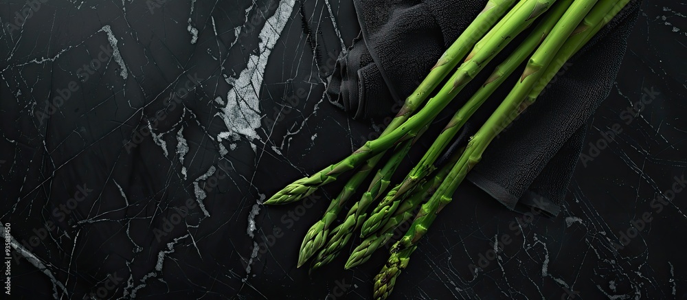 Poster a group of green asparagus rests on a kitchen towel on a black marble surface a concept featuring as