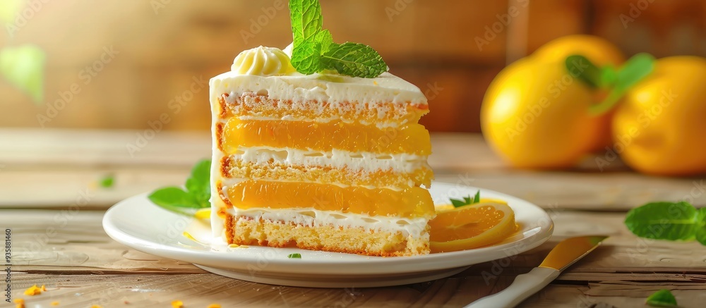 Poster lemon multi layer cake adorned with citron jelly and mint placed on a white plate against a wooden b