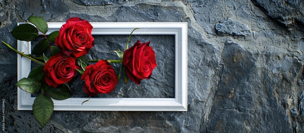 Poster roses within a white frame on a stone surface this serves as a background for valentine s day and lo