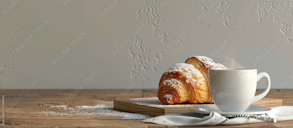 Poster sugar croissant and cafe latte. copy space image. place for adding text and design