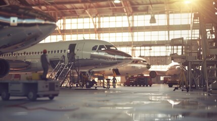 Aircraft inside a spacious, sunlit hangar being serviced by ground crew amid an industrial backdrop.