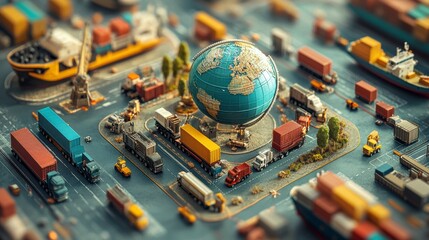 Miniature world, trucks and cargo ships transporting goods around the globe