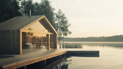 Fototapeta premium A rustic lakeside cabin with panoramic windows opens up to a serene morning view of the lake, surrounded by calm waters and misty trees, capturing a moment of tranquility.
