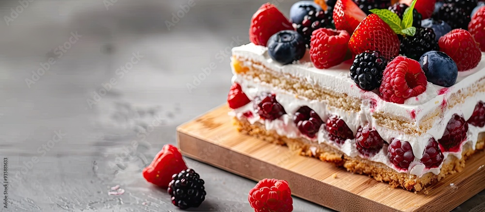 Aufkleber dietary cake with berries presented on a wooden tray tasty and nutritious low in calories. copy spac