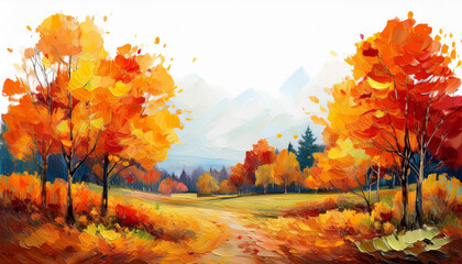Fototapeta premium Textured oil painting of autumn scenery. Orange trees. Beautiful natural landscape. Hand drawn art