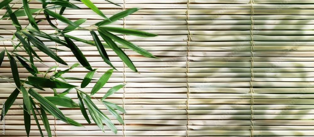 Poster bamboo leaves picture on a patterned set of blinds. copy space image. place for adding text and desi