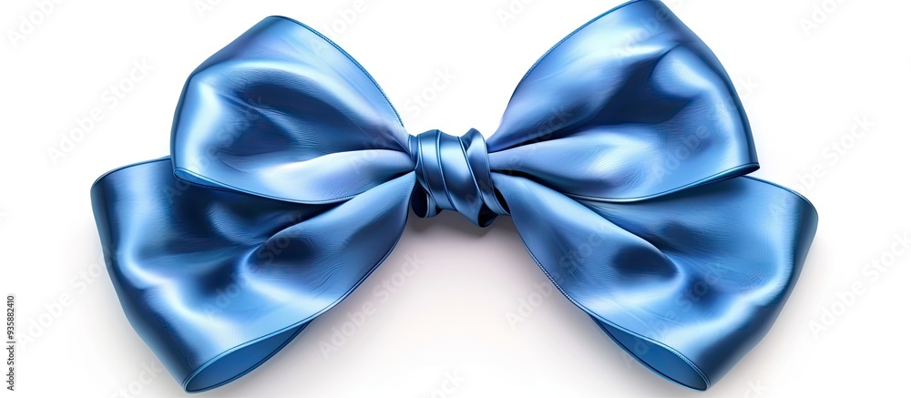 Poster close up of a shiny blue satin bow on a white background with no shadows featuring high details. cop