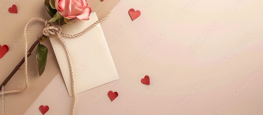 Poster rope with a blank card a rose and hearts on a beige background for valentine s day celebration. copy