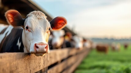 A close-up of a curious cow looking over a wooden fence at sunset, surrounded by a serene farm landscape.