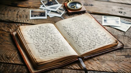 Obraz premium An open journal filled with handwritten notes sprawls on a rustic wooden table, surrounded by nostalgic photographs and a vintage compass.