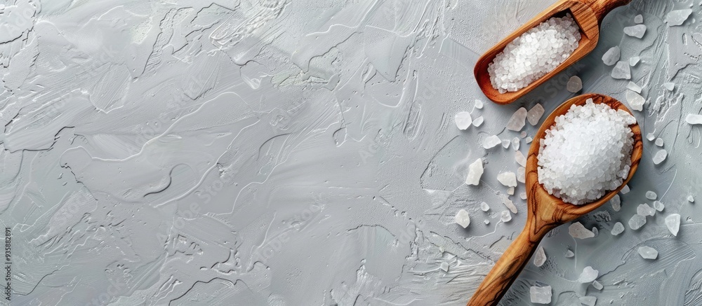 Poster organic salt and a wooden scoop on a light grey background close up room for text. copy space image.