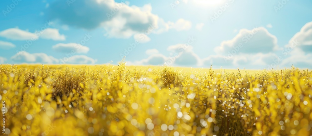 Wall mural Summer yellow soybean field. Copy space image. Place for adding text and design