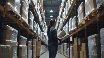 A warehouse worker in a denoim jacket inspects a box, surrounded by high shelves stocked with goods, under soft industrial lighting.
