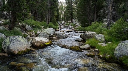 Pristine Alpine Stream Flowing Over Smooth Rocks, Surrounded by Moss-Covered Boulders and Tall Evergreen Trees. AI generated illustration