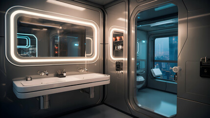 A futuristic bathroom with smart mirrors and automated fixtures,