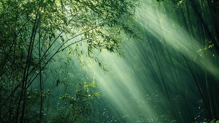 Obraz premium Sunlight Piercing Through a Dense Bamboo Forest, Creating Intricate Patterns of Light and Shadow on the Forest Floor. AI generated illustration