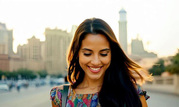 Argentinian Woman Smiling with Mobile Phone in Dubai Streets