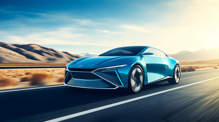 Naklejka premium A futuristic hydrogen fuel cell car on a scenic road,