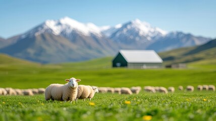 A serene landscape featuring sheep grazing in a lush green field against a backdrop of majestic mountains and a rustic barn.