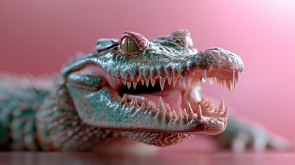 Obraz premium The fierce features of a crocodile head, including sharp teeth, textured scales, and spiky details, are captured in a close-up view against a matching pink background.