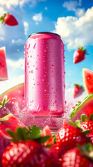 Pink Aluminum Can Surrounded by Water, Watermelon, and Strawberries