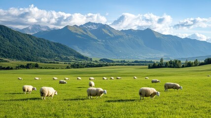 Obraz premium A serene landscape featuring sheep grazing in a lush green meadow with majestic mountains in the background under a clear blue sky.