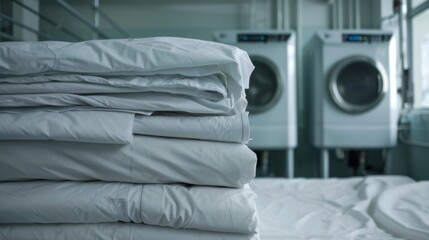 A neatly folded pile of white linens is ready for use, with washing machines in the background denoting cleanliness and organization.