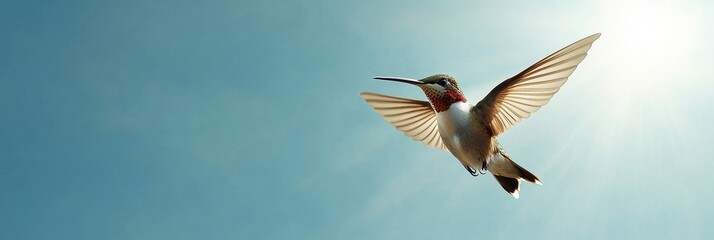 Hummingbird in Flight Against a Blue Sky - A hummingbird in flight against a blue sky, symbolizing freedom, speed, grace, nature, and beauty.