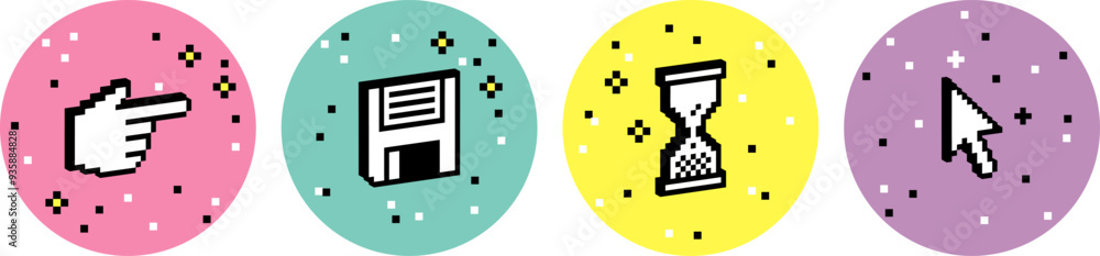 Poster y2k trendy stickers. cursor icon set. 3d pixel elements. hand click cursor. mouse arrow pointer icon
