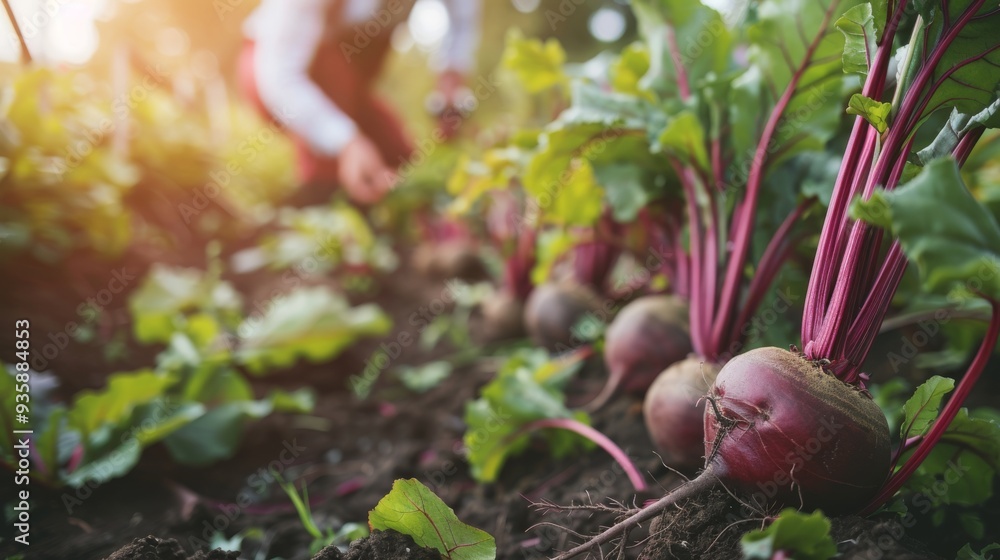 Canvas Prints Root vegetables being harvested from rich soil, capturing the vibrant colors and hands-on farming effort in a sunlit garden setting.