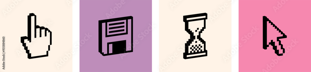 Aufkleber set of 3d pixel elements. hand click cursor. mouse arrow pointer icon. diskette, floppy disk. ui. y2