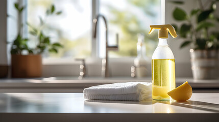 A gleaming kitchen counter adorned with eco-friendly cleaning supplies,