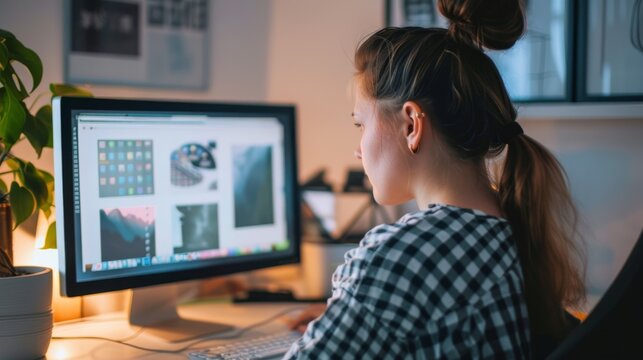 A woman works on a large desktop computer in a cozy, well-lit home office, focusing intently on graphic design software.