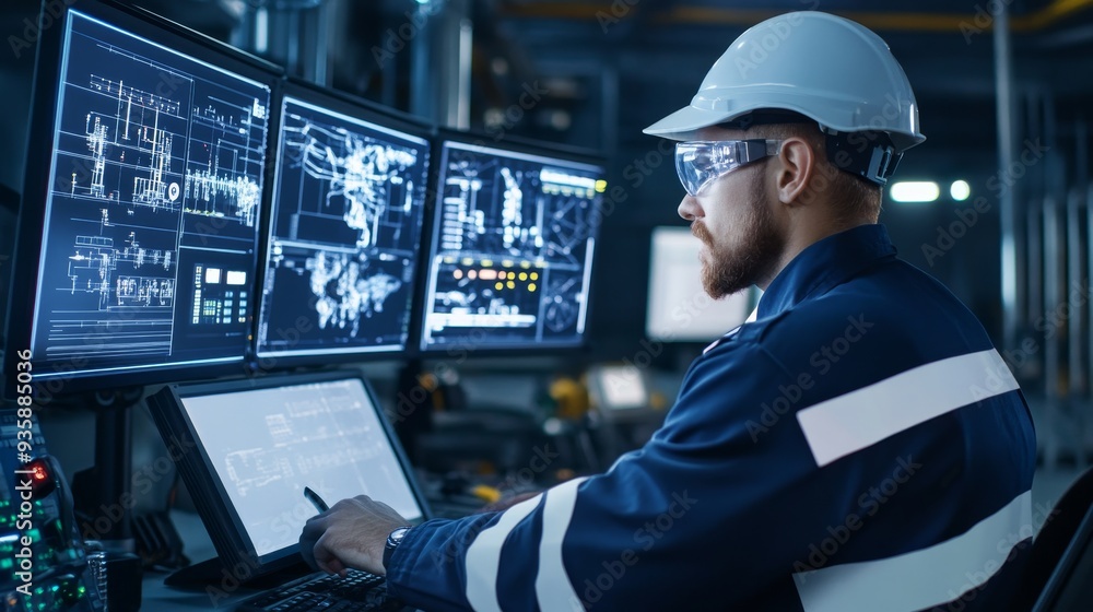 Poster industrial worker monitoring control panel with data visualization - a focused industrial worker in 