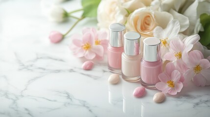 Bottles of nail polish surrounded by roses on marble