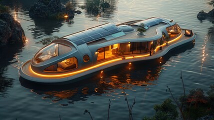 Luxury house boat with solar panels on roof floating in lake, in style of futuristic architecture.