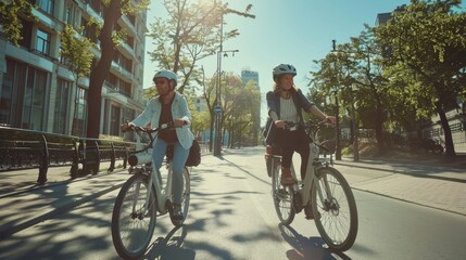 Obraz premium Two women enjoy a pleasant bike ride through a sunlit urban area, surrounded by trees and modern buildings.