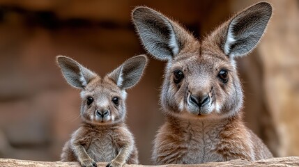 Fototapeta premium Against a gentle beige background, the close-up portrait of a kangaroo mother and her joey highlights their expressive faces and distinctive ears.