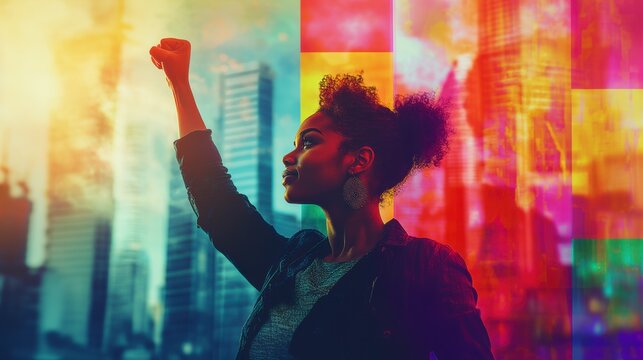 Young woman raising fist in colorful urban protest image