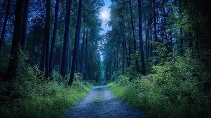 Fototapeta premium Moonlit Path Through a Dense Forest with Tall Trees and Patches of Moonlight Illuminating the Way. AI generated illustration