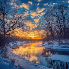 Fototapeta premium Winter Sunset Over a Frozen River