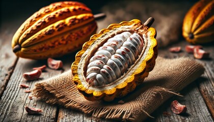 Cacao Bean on a textured linen fabric, dessert cooking, chocolate ingredient
