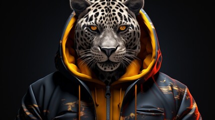 Leopard in human trendy fashionable clothes. Neural network ai generated art