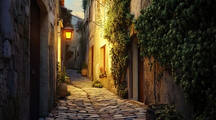 Obraz premium Narrow Alleyway in an Ancient Village with Cobblestone Streets, Ivy-Covered Walls, and Soft Lantern Light Illuminating the Path. AI generated illustration