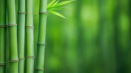 Fototapeta premium Lush Green Bamboo Forest - Nature Background - Close-up of bamboo stalks with green leaves, symbolizing nature, growth, strength, serenity, and natural beauty.