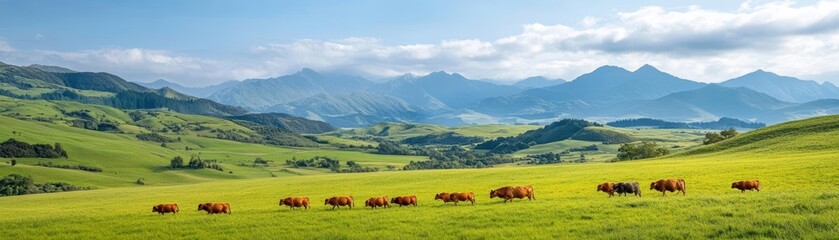 Fototapeta premium Serene landscape with grazing cattle against a backdrop of rolling hills and mountains, capturing the beauty of rural life.