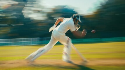 A cricketer dashes with determination, blurring in motion, symbolizing speed and competitive spirit on the field.