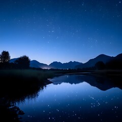 Tranquil night landscape with moon reflecting on calm lake, surrounded by majestic mountains under a starry sky