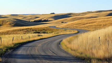Quiet Country Road Winding Through Rolling Hills, Lined with Tall Golden Grasses Swaying in the Wind and Scattered Trees. AI generated illustration